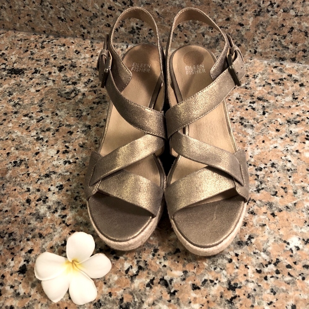 NWOT π‘ EILEEN FISHER Beckon Suede Jute Espadrille Wedge Sandals Bronze Metallic - Picture 14 of 15